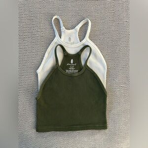 Free People Movement Happiness Runs Crop Tank XS/S–Set of 2, Olive Green & White